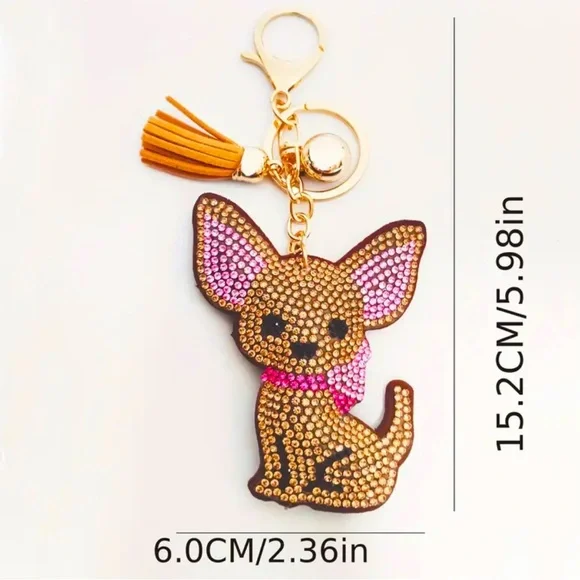 Chihuahua Dog Pink & Brown Rhinestone-Encrusted Key Chain, Bag, & Car Charm - Picture 5 of 5